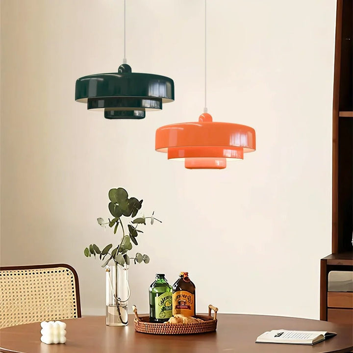 Three-tier pendant light with soft pastel shades over a table - product photo 4