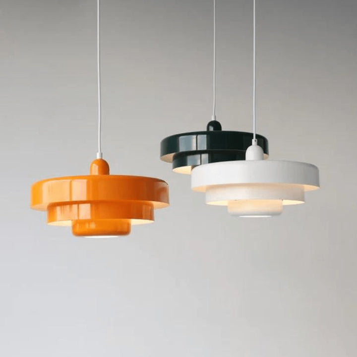 Three-tier pendant light with soft pastel shades over a table - product photo 8