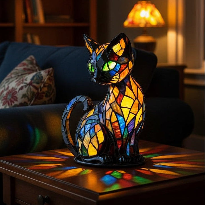 Tiffany-style stained glass cat table lamp glowing warm amber and green - product photo 1