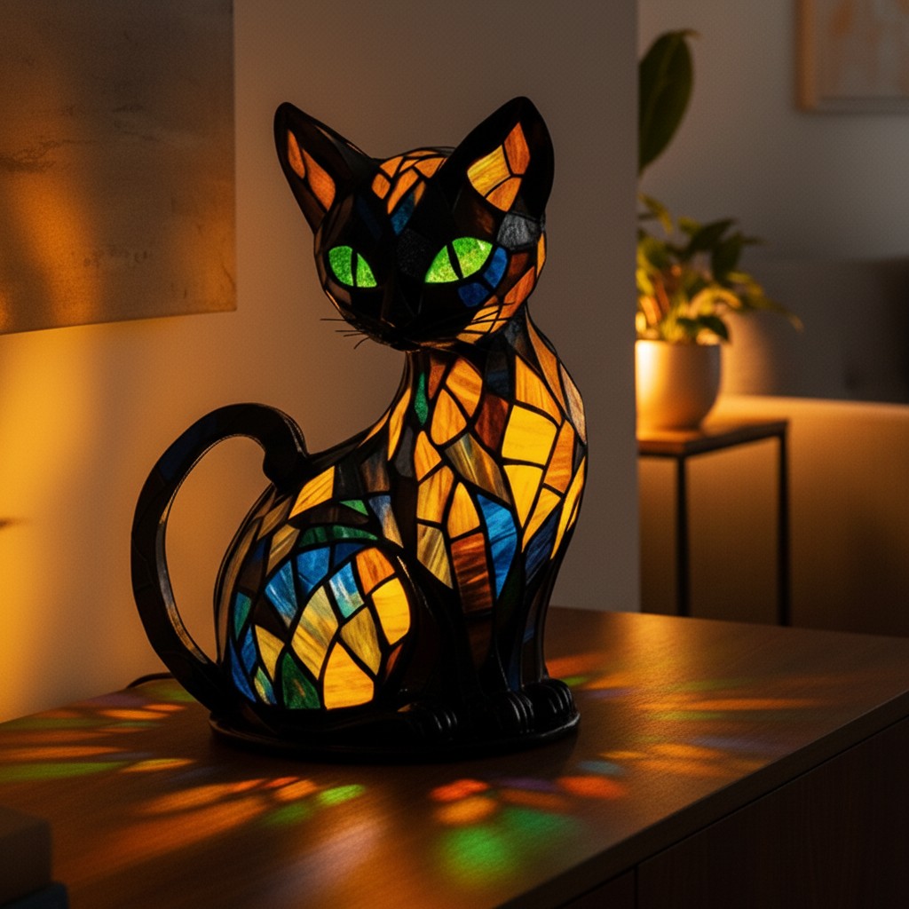 Tiffany-style stained glass cat table lamp glowing warm amber and green - product photo 3