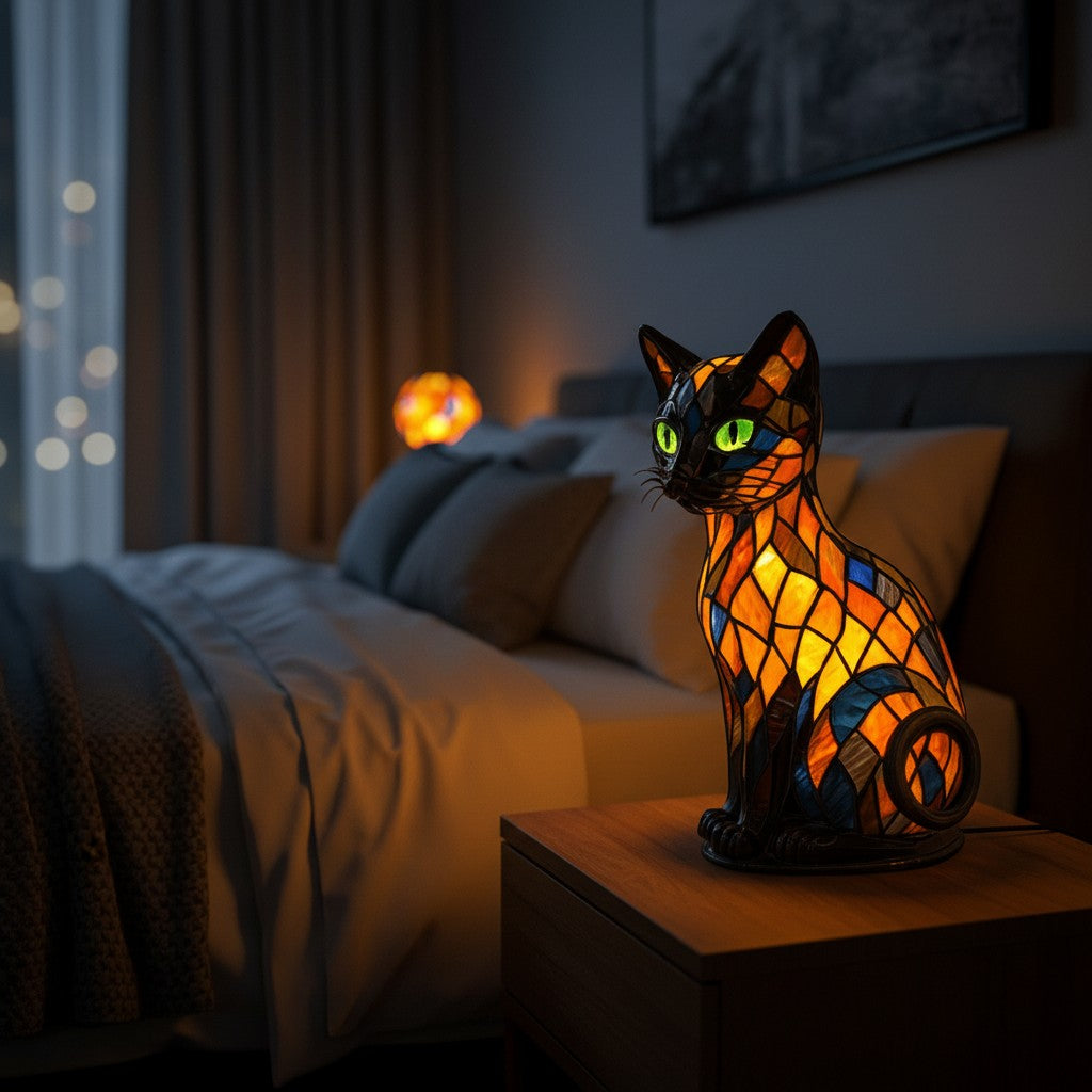 Tiffany-style stained glass cat table lamp glowing warm amber and green - product photo 4