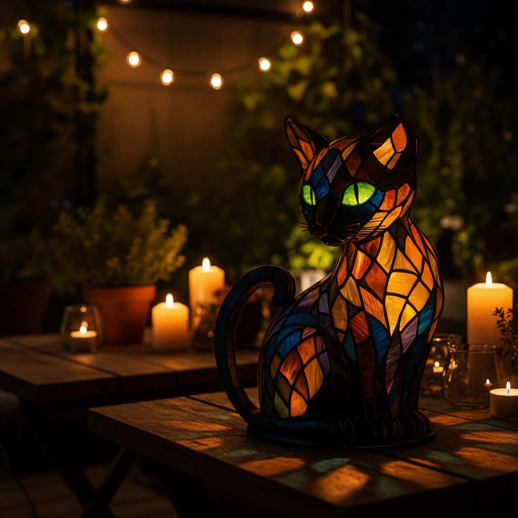 Tiffany-style stained glass cat table lamp glowing warm amber and green - product photo 5