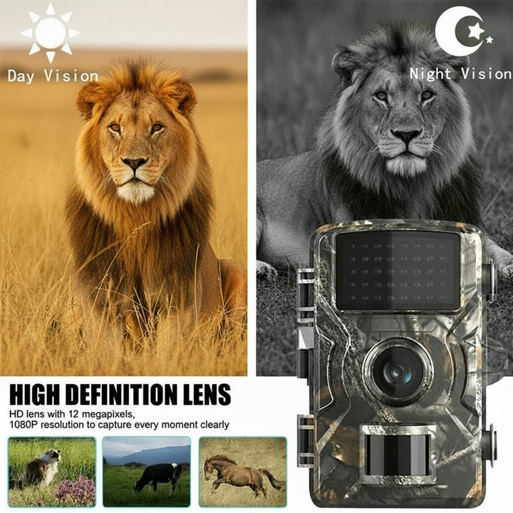 Camouflaged trail camera with infrared night vision strapped to a tree - product photo 2