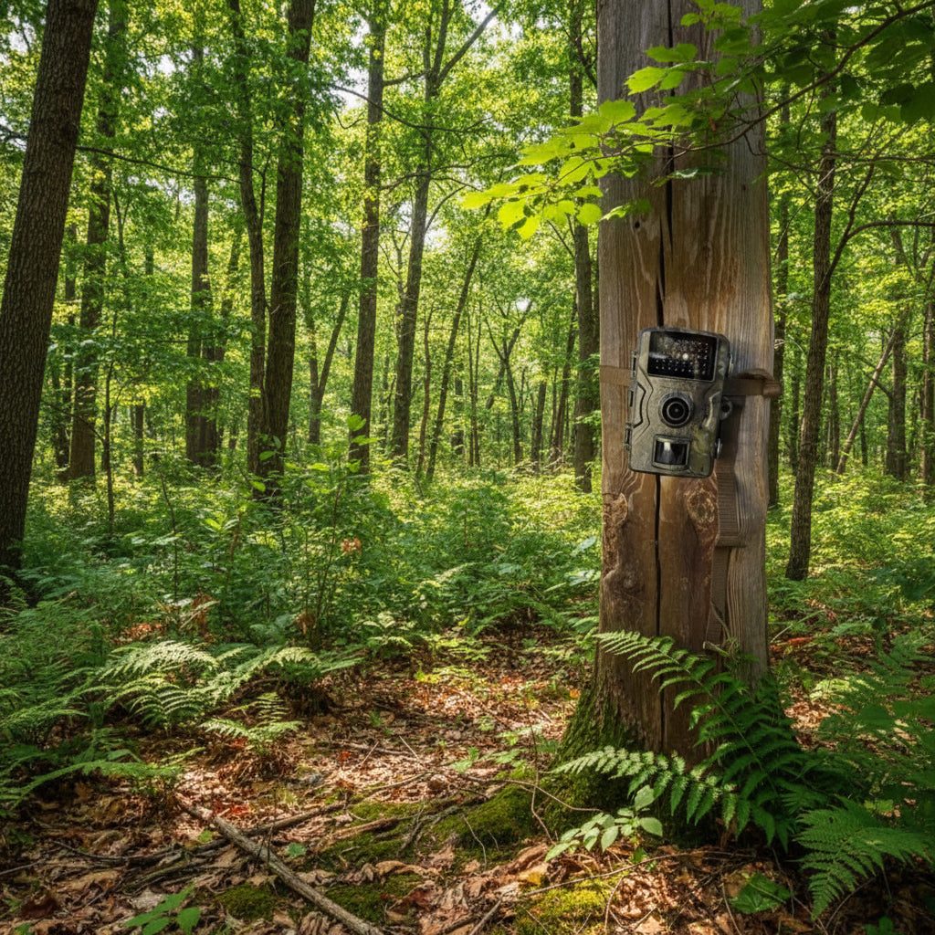 Camouflaged trail camera with infrared night vision strapped to a tree - product photo 3
