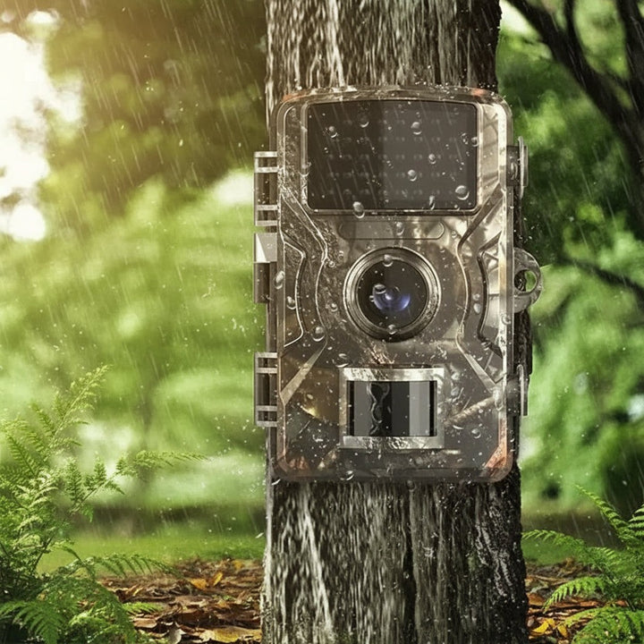 Camouflaged trail camera with infrared night vision strapped to a tree - product photo 4