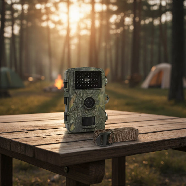 Camouflaged trail camera with infrared night vision strapped to a tree - product photo 8