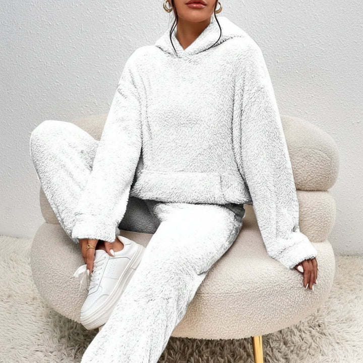 Two-piece teddy fleece lounge set with a hooded top - product photo 1