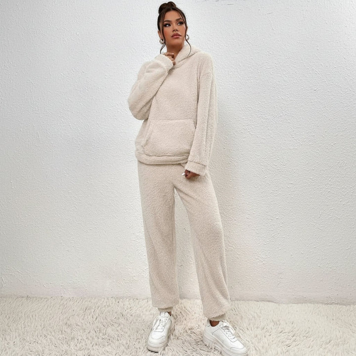 Two-piece teddy fleece lounge set with a hooded top - product photo 4
