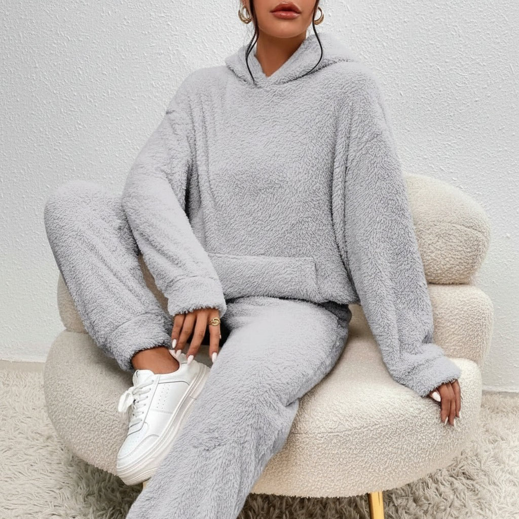 Two-piece teddy fleece lounge set with a hooded top - product photo 6