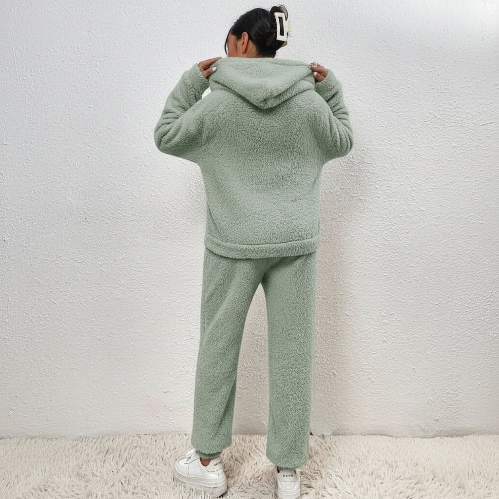 Two-piece teddy fleece lounge set with a hooded top - product photo 8