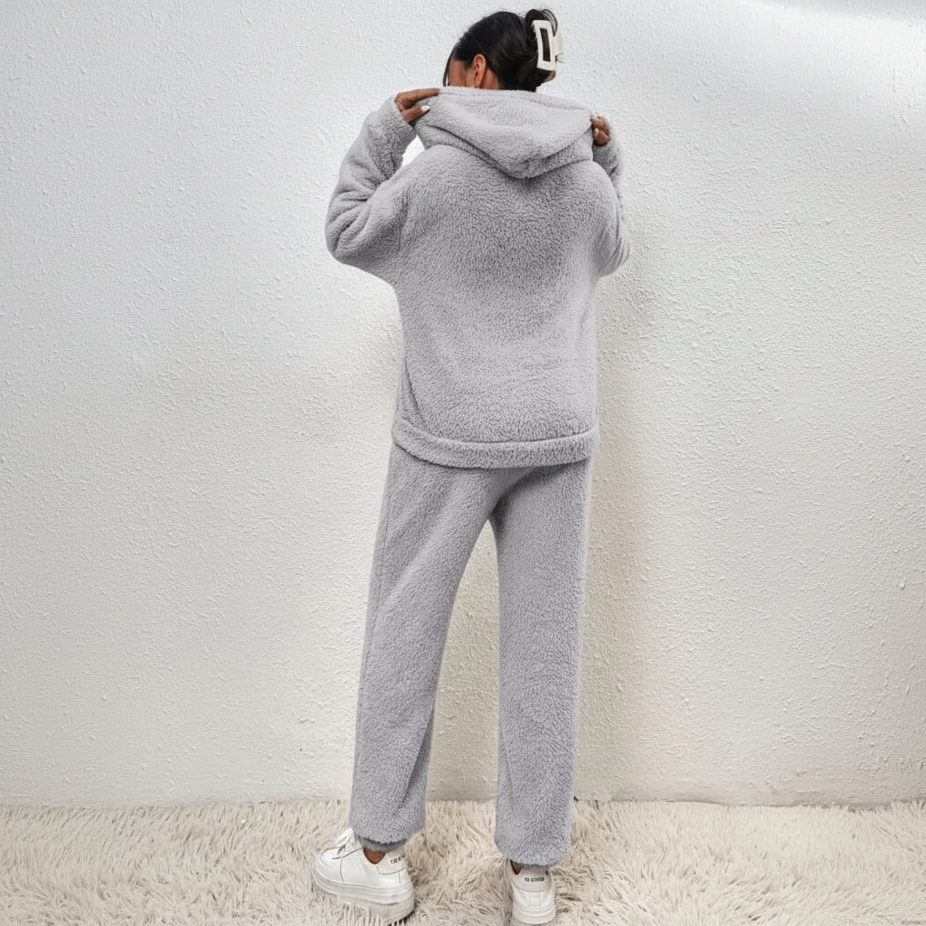 Two-piece teddy fleece lounge set with a hooded top - product photo 9