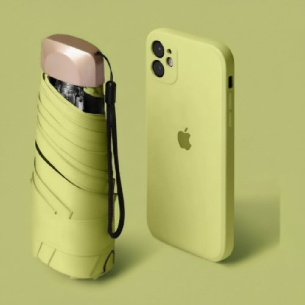 Ultra-compact folding umbrella beside its storage sleeve - product photo 12