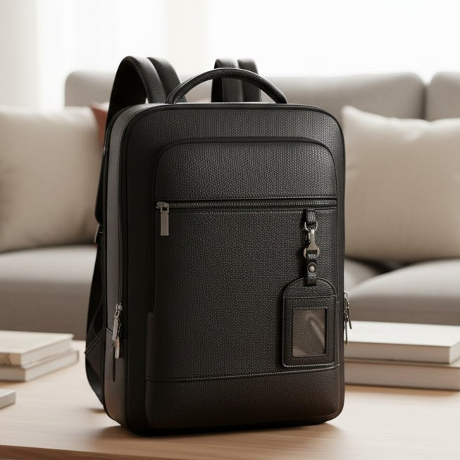 Vegan leather laptop backpack with a USB charging port - product photo 1