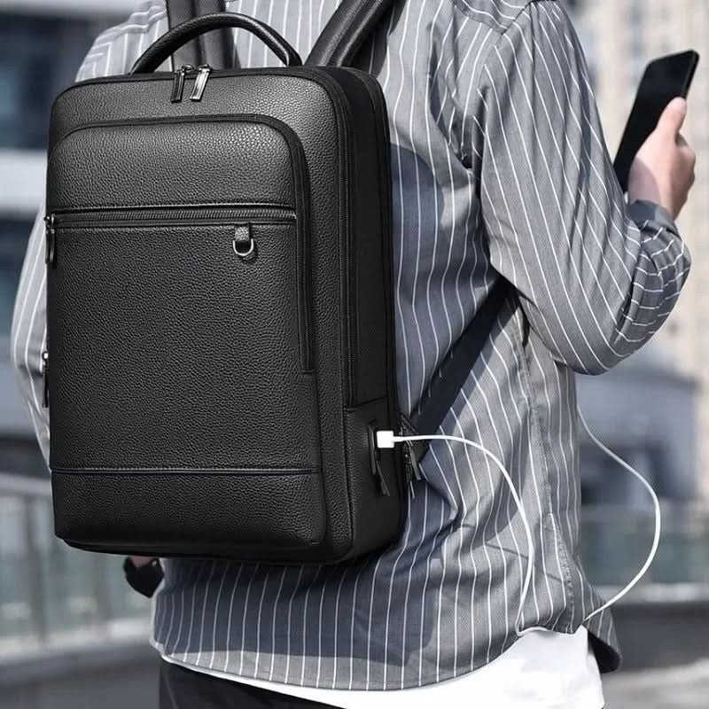 Vegan leather laptop backpack with a USB charging port - product photo 3