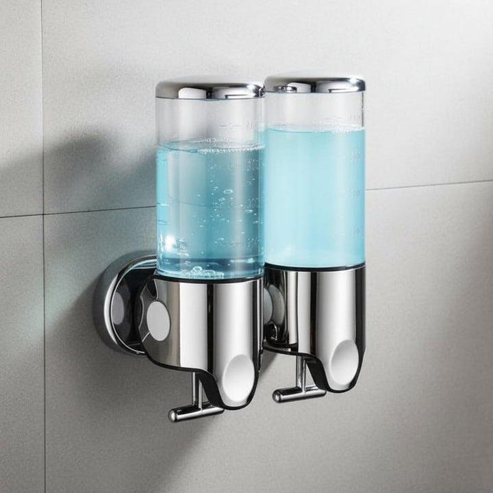 Wall-mounted stainless steel soap dispenser above a basin - product photo 11