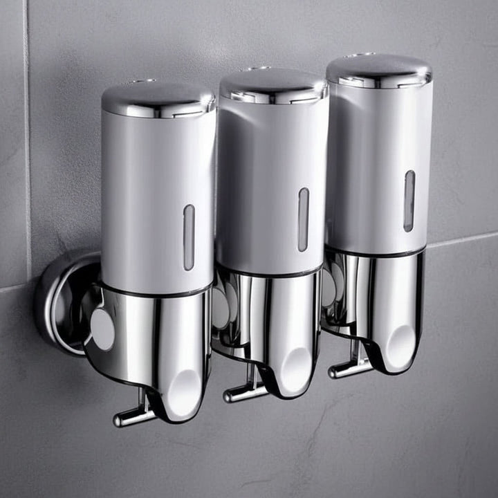 Wall-mounted stainless steel soap dispenser above a basin - product photo 12