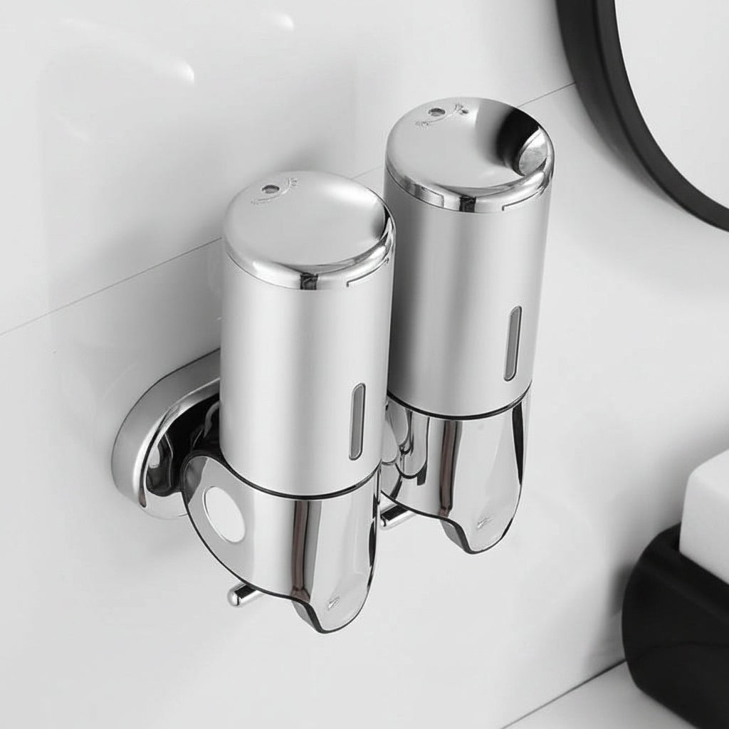 Wall-mounted stainless steel soap dispenser above a basin - product photo 2