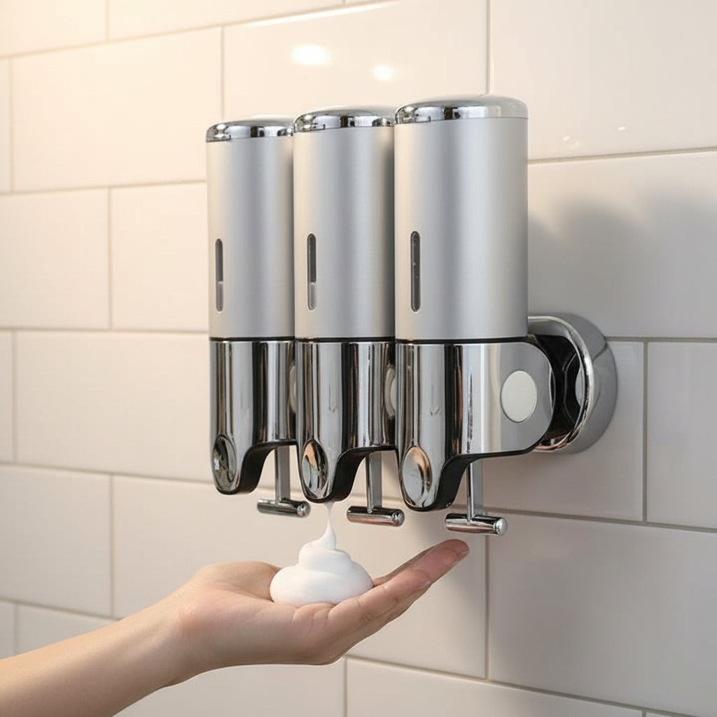 Wall-mounted stainless steel soap dispenser above a basin - product photo 4