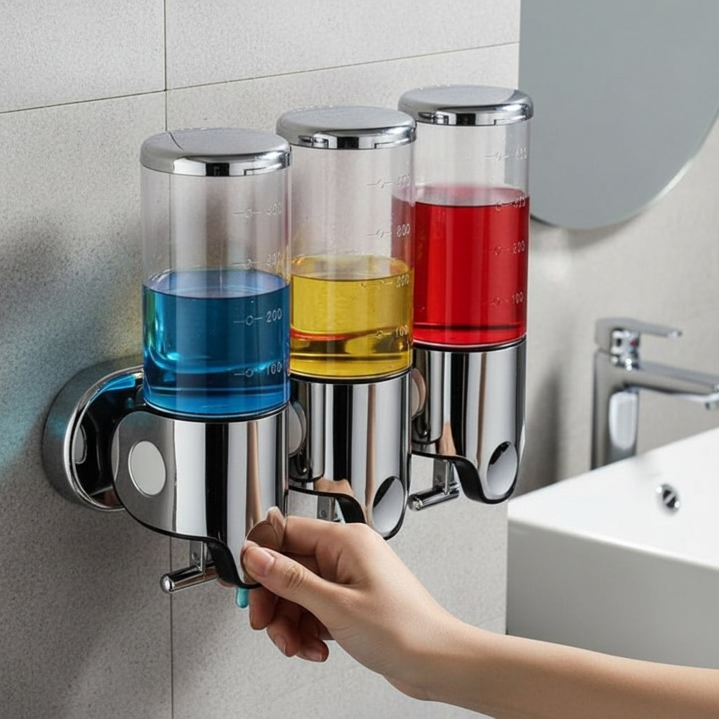 Wall-mounted stainless steel soap dispenser above a basin - product photo 5