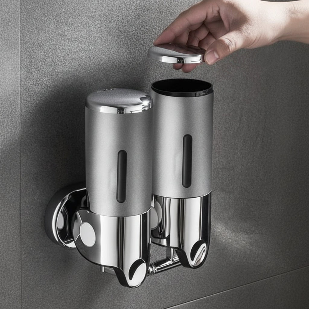 Wall-mounted stainless steel soap dispenser above a basin - product photo 8