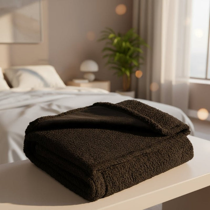 Microfleece throw with a waterproof backing spread over a bed - product photo 1