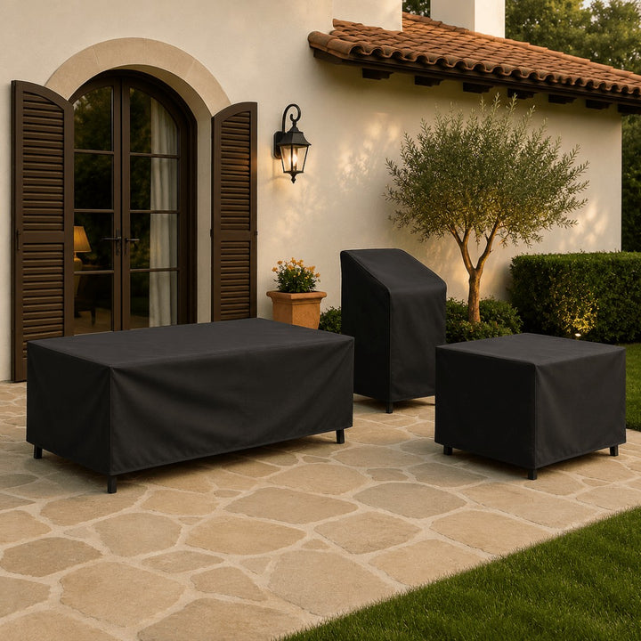 Weatherproof cover strapped over outdoor patio furniture - product photo 1
