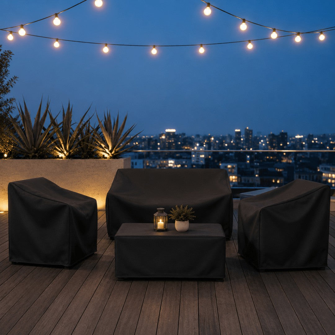 Weatherproof cover strapped over outdoor patio furniture - product photo 2
