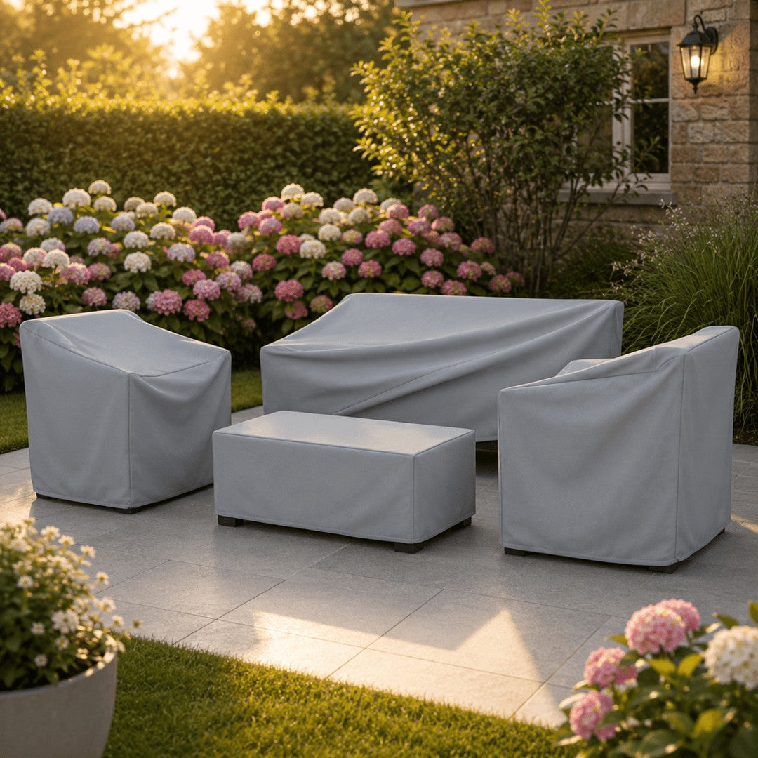 Weatherproof cover strapped over outdoor patio furniture - product photo 3