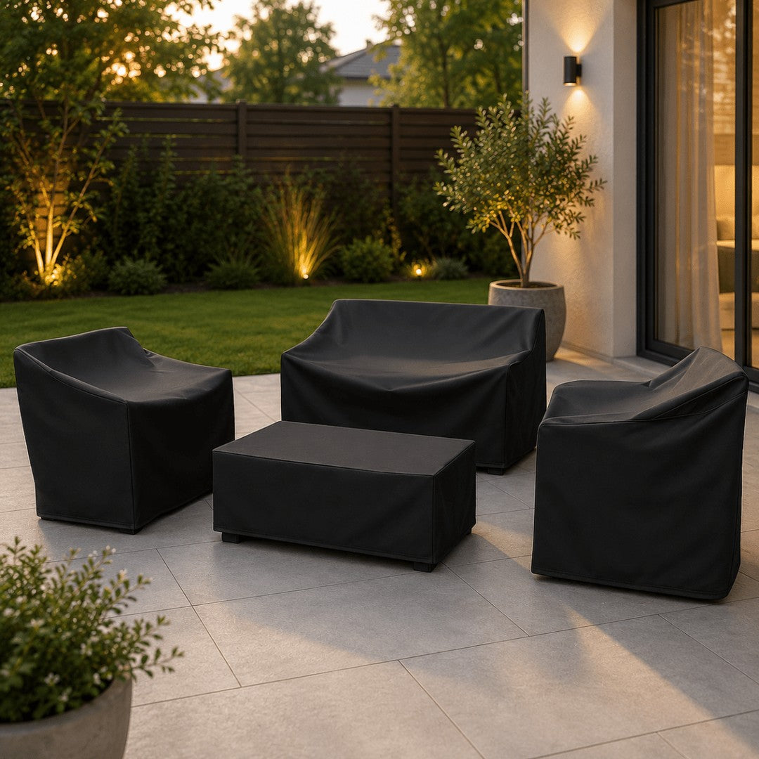 Weatherproof cover strapped over outdoor patio furniture - product photo 4