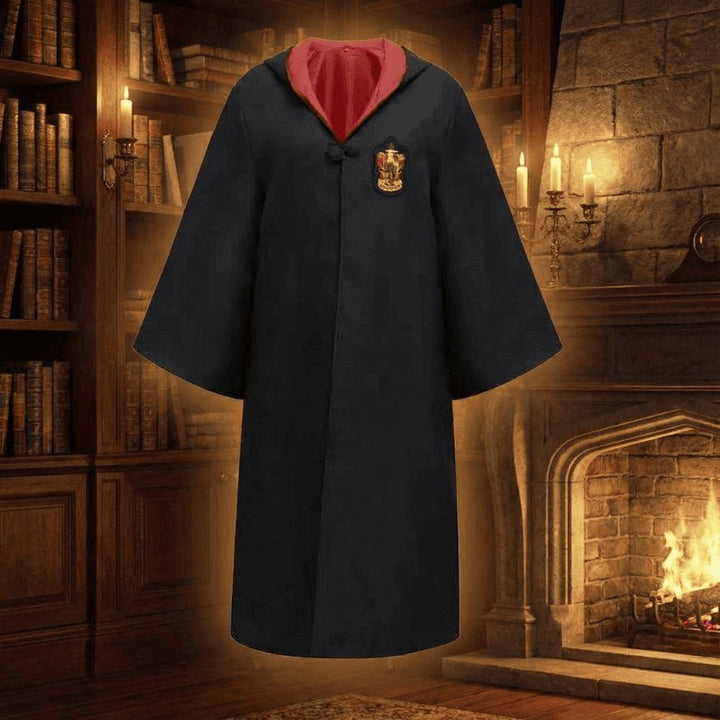 Black hooded wizard school robe with a red lining and house crest displayed in a candlelit library