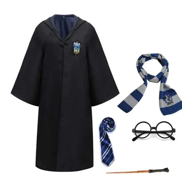 Sapphire and bronze wizard costume set with hooded robe, scarf, tie, round glasses and wand