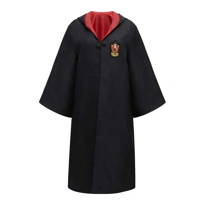 Black wizard costume robe with crimson hood lining and embroidered house crest