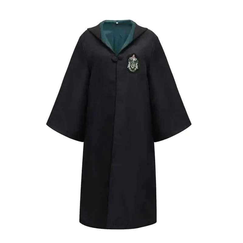 Black wizard school cloak with deep green hood lining and house crest