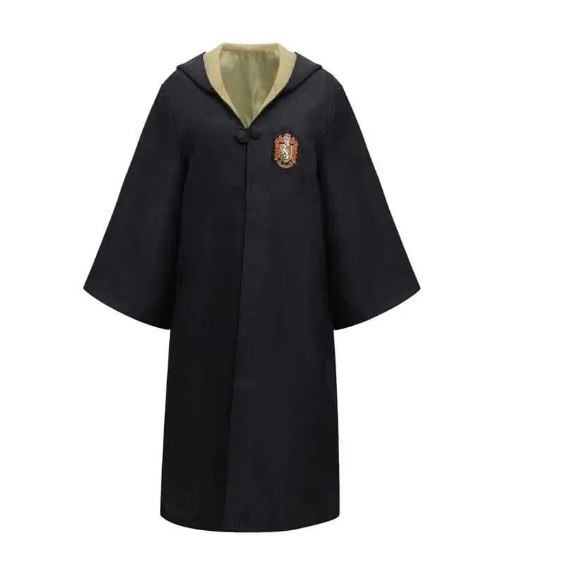 Black hooded wizard robe with gold hood lining and embroidered crest
