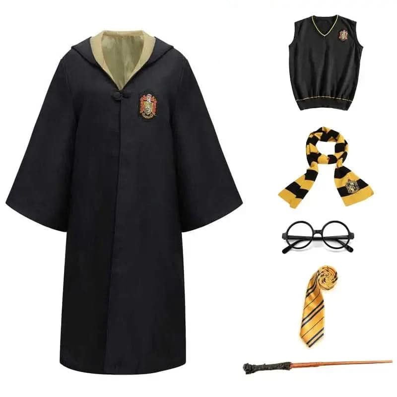 Wizard costume set with gold-lined robe, knit vest, striped scarf, round glasses and wand