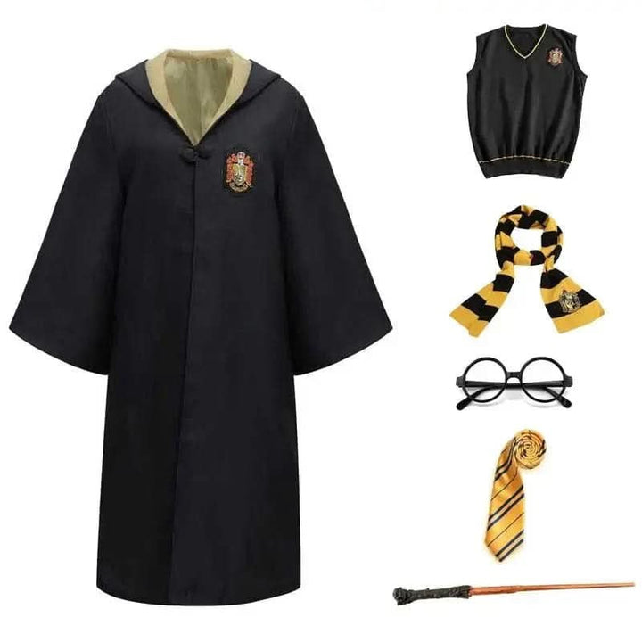 Wizard costume set with gold-lined robe, knit vest, striped scarf, round glasses and wand