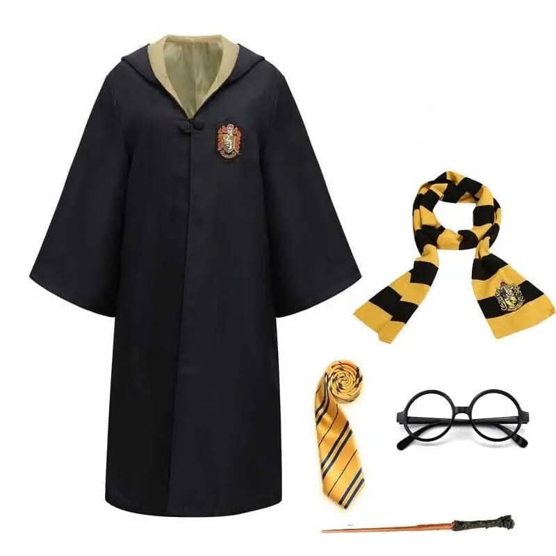 Amber and black wizard costume set with hooded robe, striped scarf, tie, glasses and wand