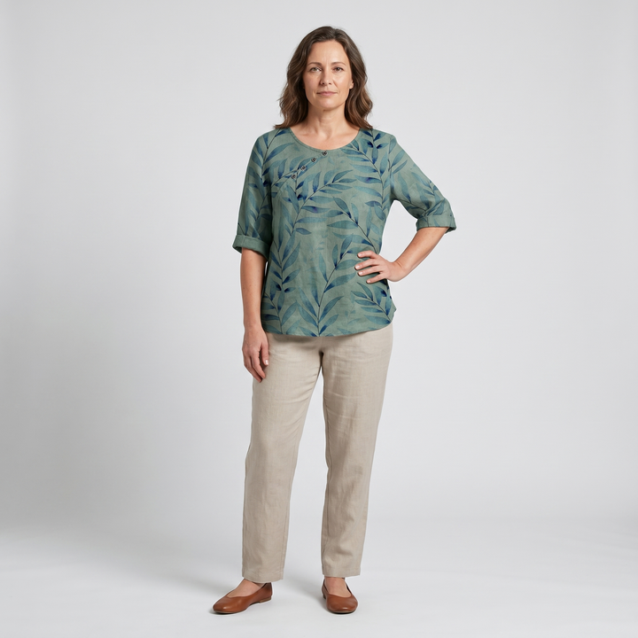 Talia | Effortless Asymmetric-Button Printed Blouse For Women