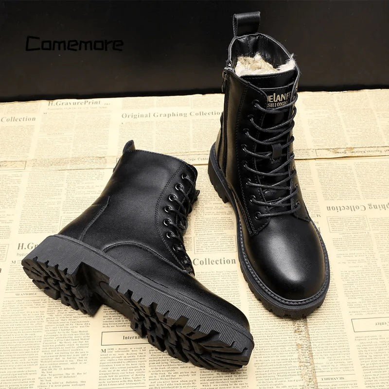 Women's fur-lined black winter boots with a side zip - product photo 2