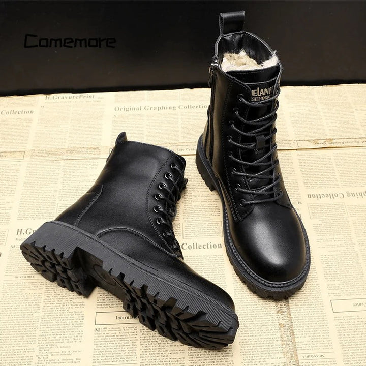 Women's fur-lined black winter boots with a side zip - product photo 2