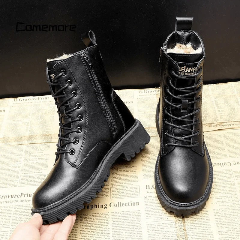 Women's fur-lined black winter boots with a side zip - product photo 3