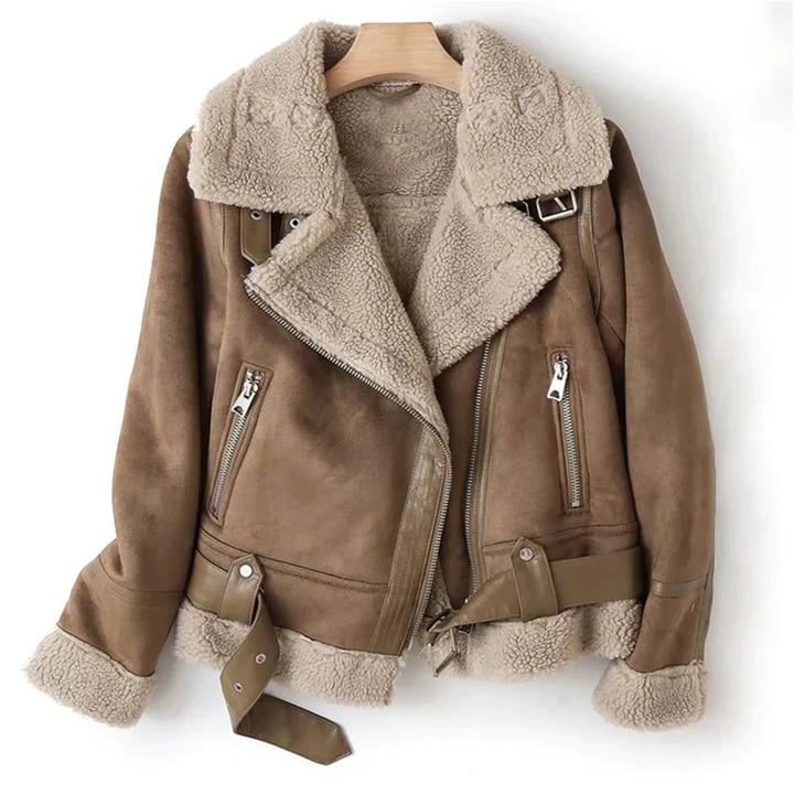 Women's leather jacket with a sherpa lining - product photo 2