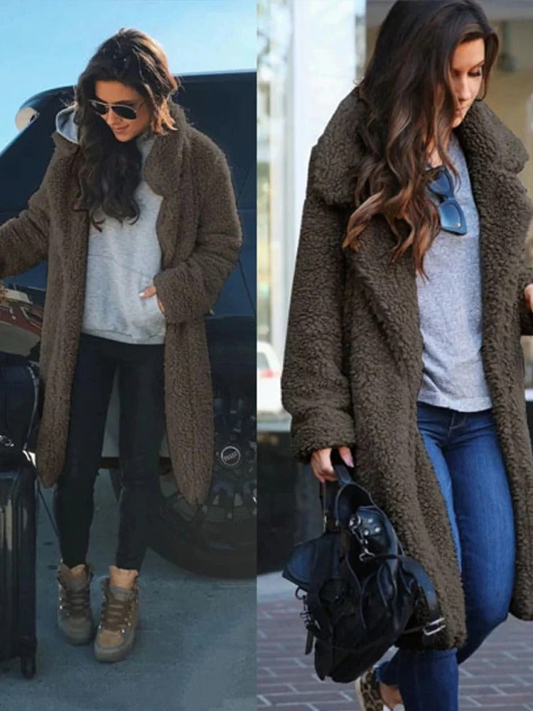 Women's long teddy coat in soft borg fleece - product photo 6