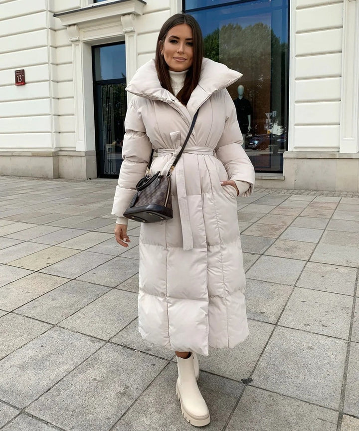 Women's long winter coat with an adjustable waist belt - product photo 3