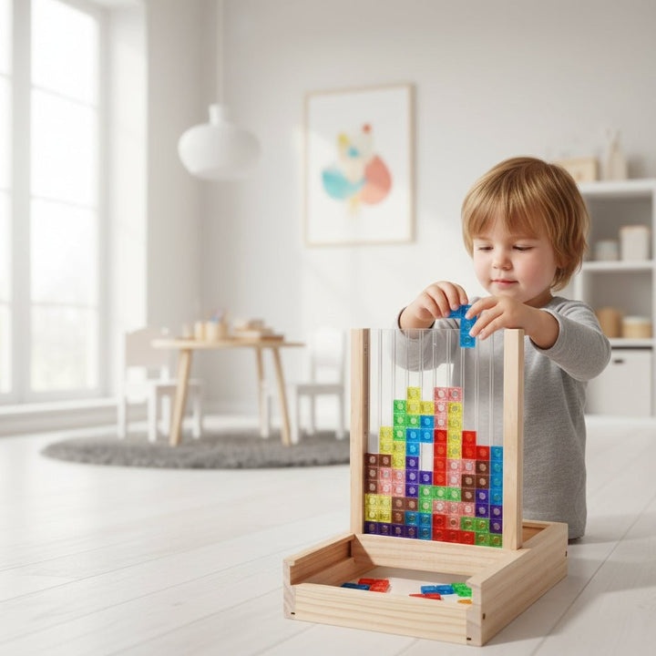 Wooden block puzzle board with colored pieces - product photo 2
