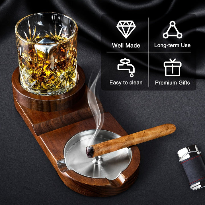 Wooden cigar ashtray with a whiskey glass tray - product photo 10