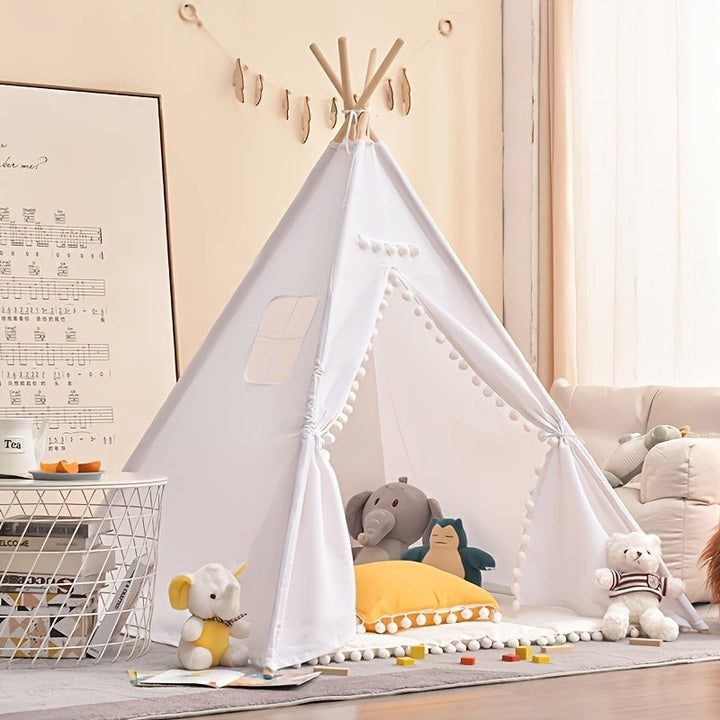 Wooden-frame kids teepee tent with bear-print curtains - product photo 1