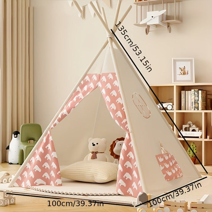Wooden-frame kids teepee tent with bear-print curtains - product photo 2