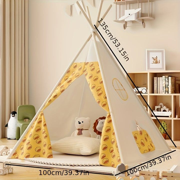 Wooden-frame kids teepee tent with bear-print curtains - product photo 3