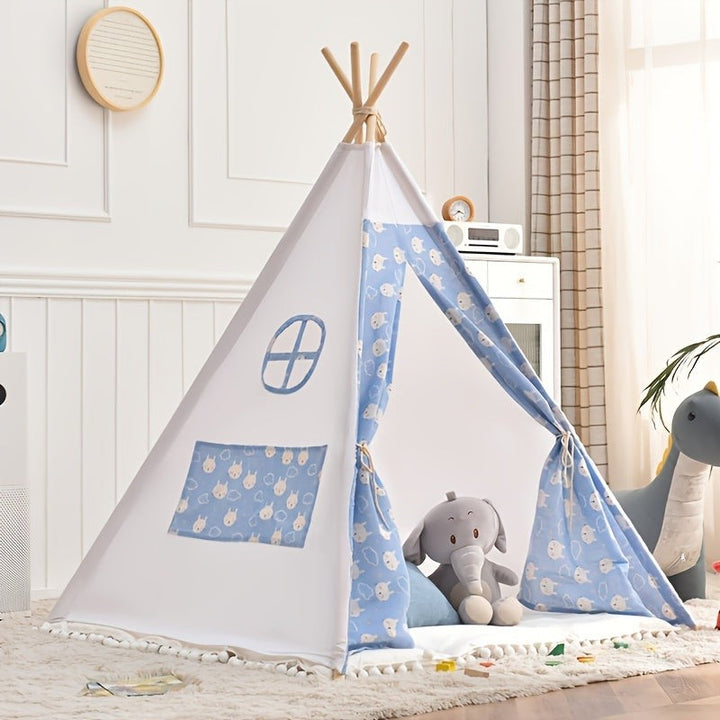 Wooden-frame kids teepee tent with bear-print curtains - product photo 4